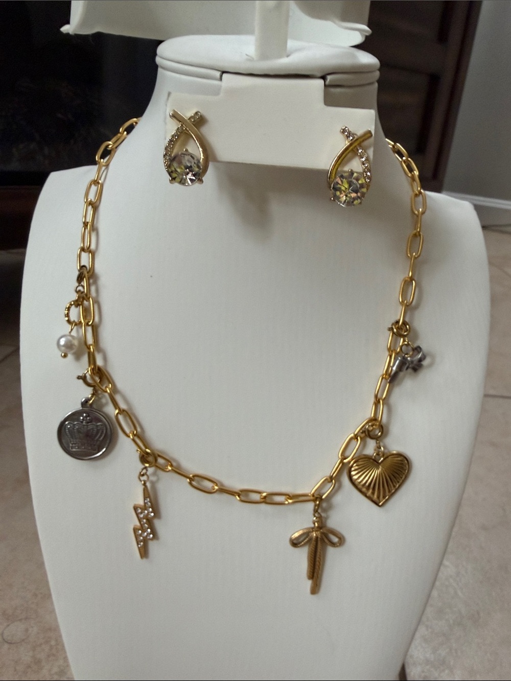 Plunder Gold-Tone Charm Link Necklace with Heart, Bow, Lightning & Coin
